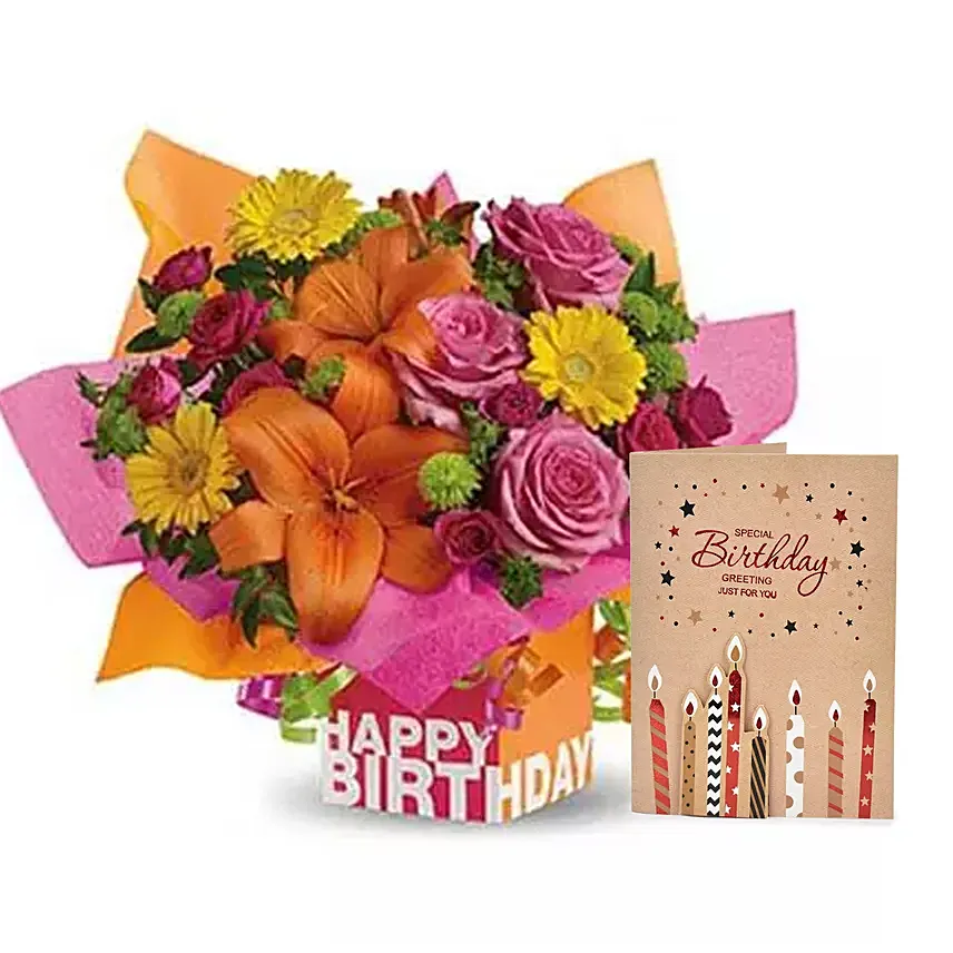 Birthday Flower Arrangement with Greeting Card